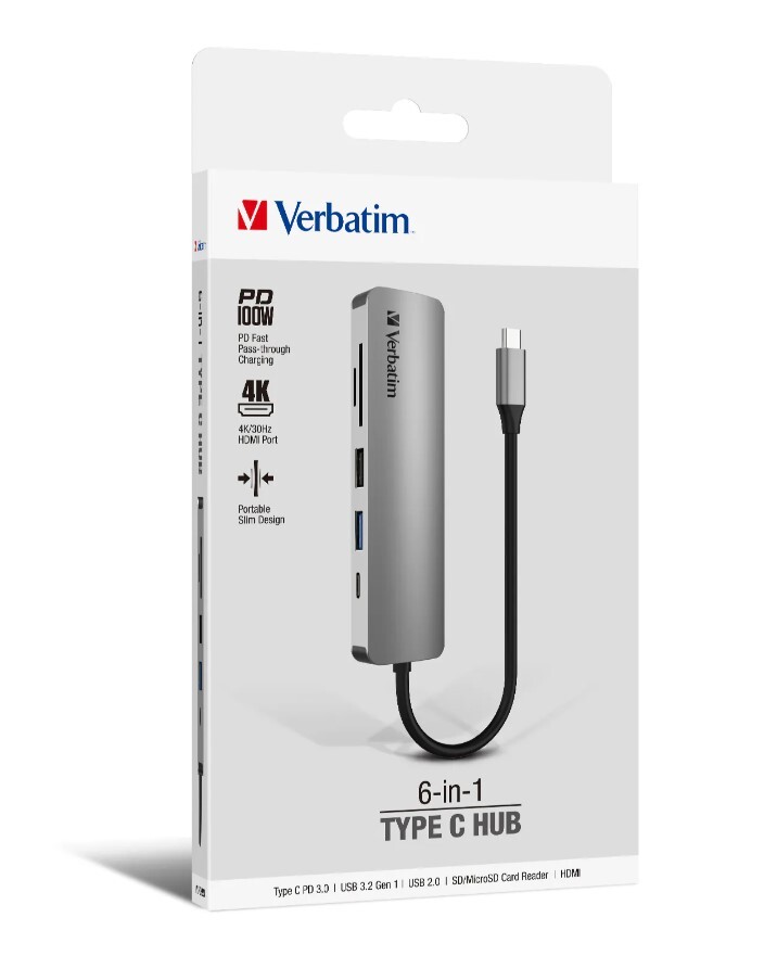 Verbatim 6-in-1 Type C Hub PD 100W, HDMI 4K,USB3.2,Card Reader  擴展器 66976