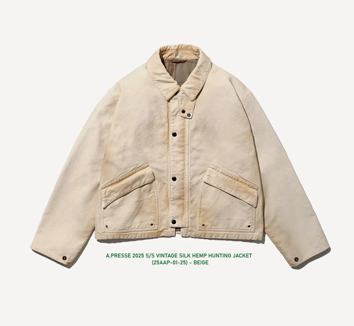 9/13 LAST PCS: A.PRESSE 2025 S/S VINTAGE SILK HEMP HUNTING JACKET (25AAP-01-25) - BEIGE SIZE 3 PRE ORDER ITEM (預訂中)