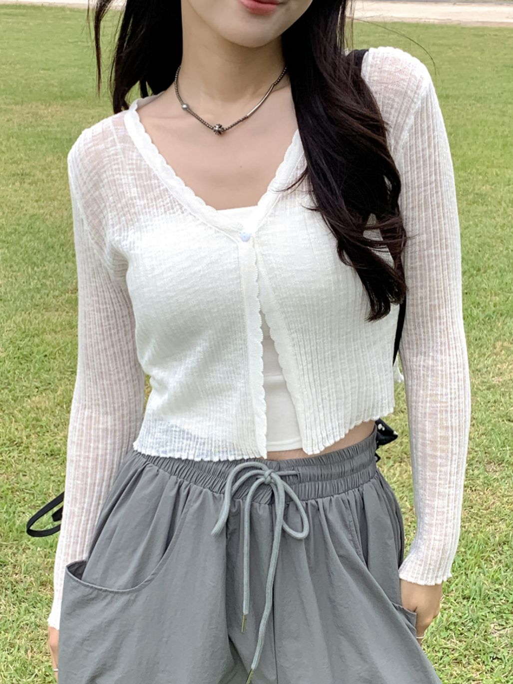 波浪邊直紋透薄外套(白色)