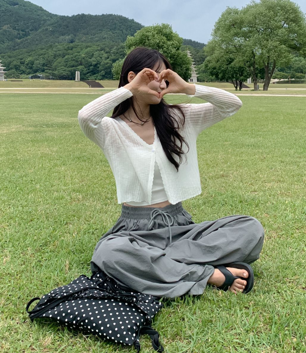 波浪邊直紋透薄外套(白色)