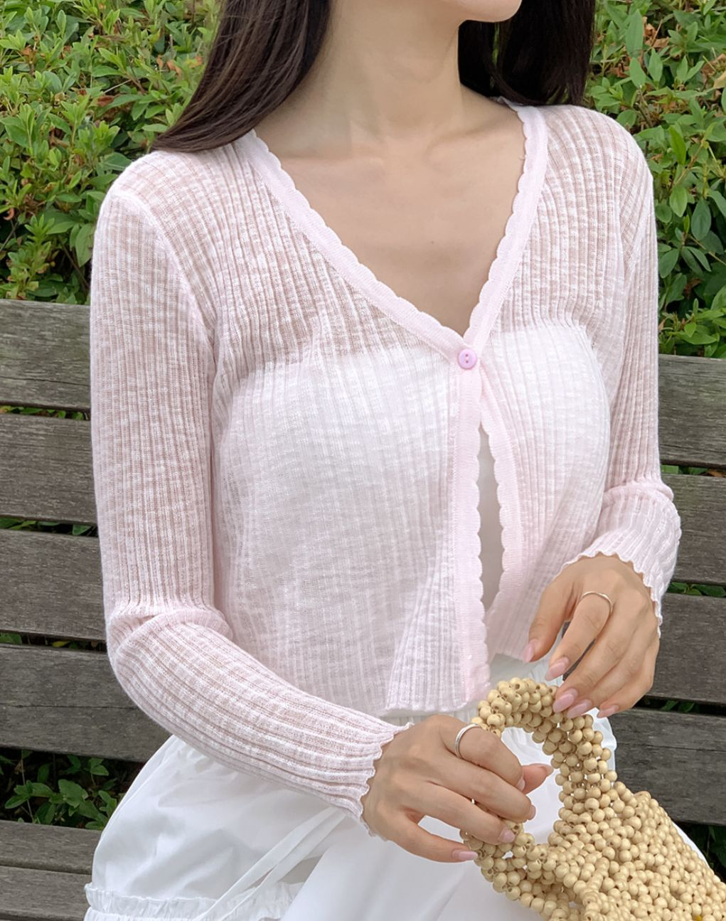 波浪邊直紋透薄外套(粉紅色)