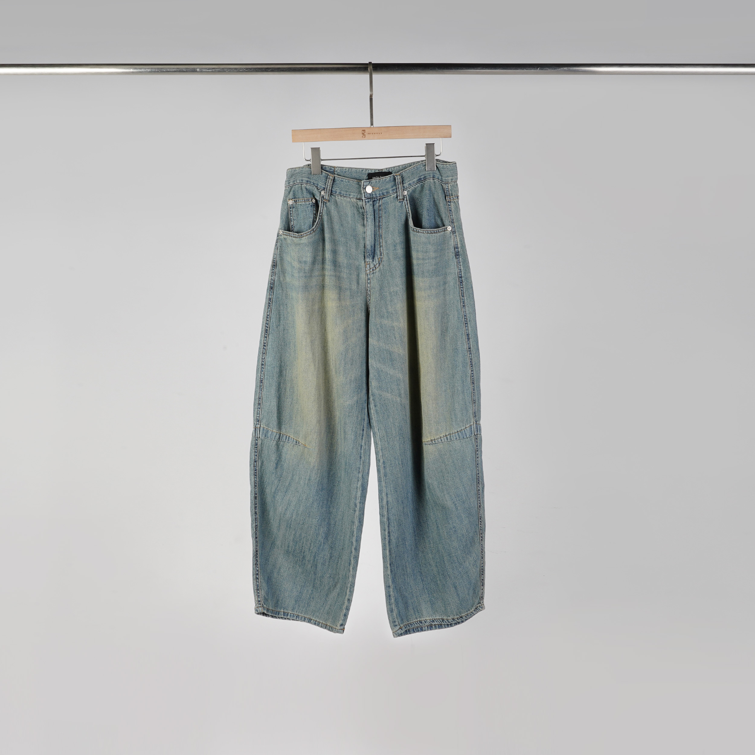 復古刷色拼接牛仔寬褲 | 牛仔藍