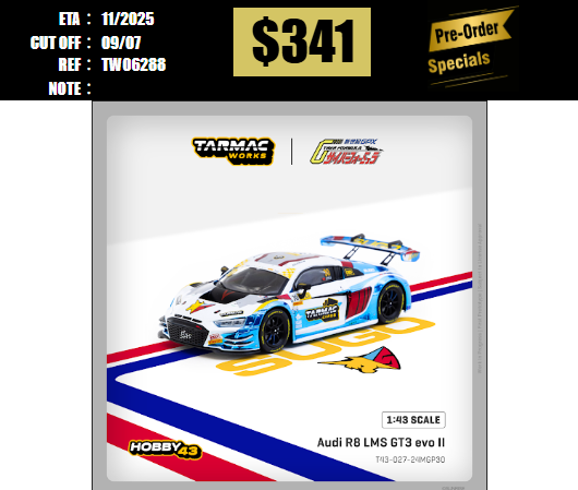 PO-$341 * TARMAC * 1:43 Audi R8 LMS GT3 evo II Macau GT Cup - FIA GT World Cup 2024 Uno Racing James Yu [OD28/06]