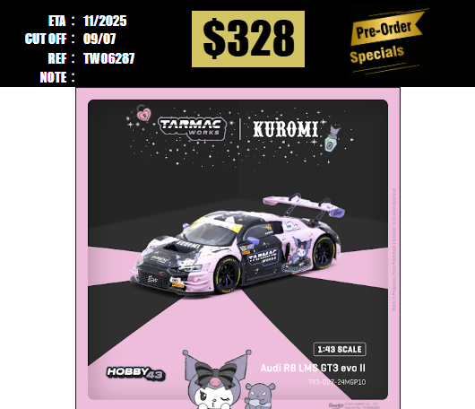 PO-$328 * TARMAC * 1:43 Audi R8 LMS GT3 evo II Macau GT Cup - FIA GT World Cup 2024 Uno Racing Adderly Fong [OD28/06]