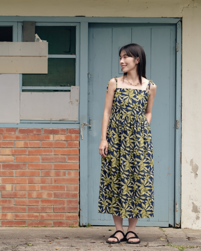 印度蓋染工藝親膚純棉 細肩洋裝 - 竹葉藍