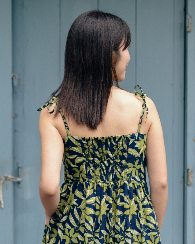 印度蓋染工藝親膚純棉 細肩洋裝 - 竹葉藍