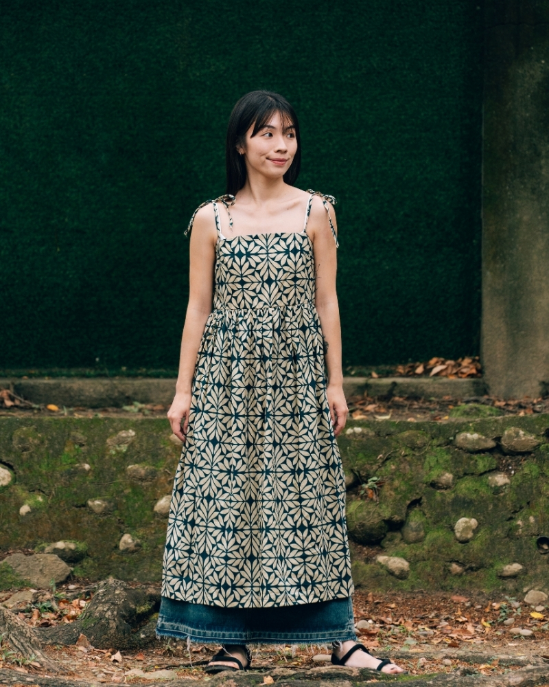 印度蓋染工藝親膚純棉 細肩洋裝 - 月桂綠