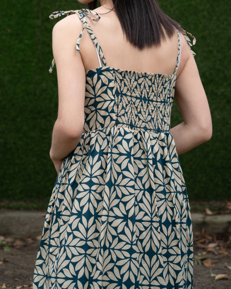 印度蓋染工藝親膚純棉 細肩洋裝 - 月桂綠