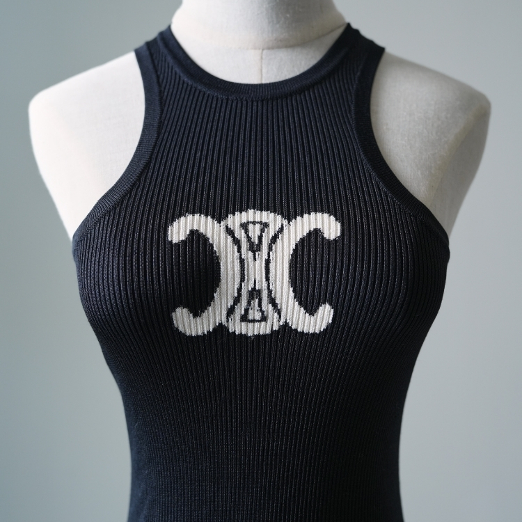 Celine 黑色白凱旋logo針織連身裙 M號