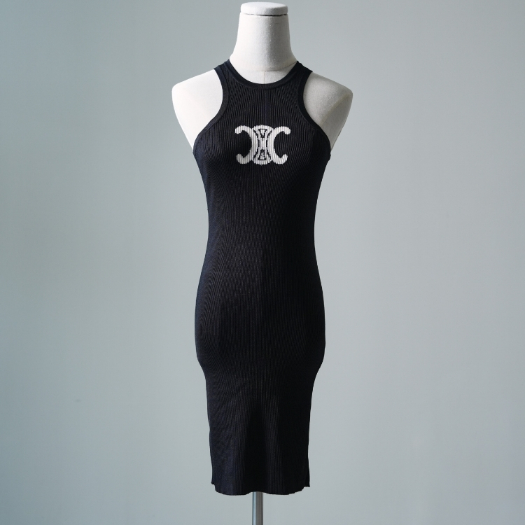 Celine 黑色白凱旋logo針織連身裙 M號