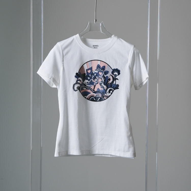 HERMES 白色粉黑圖短袖上衣