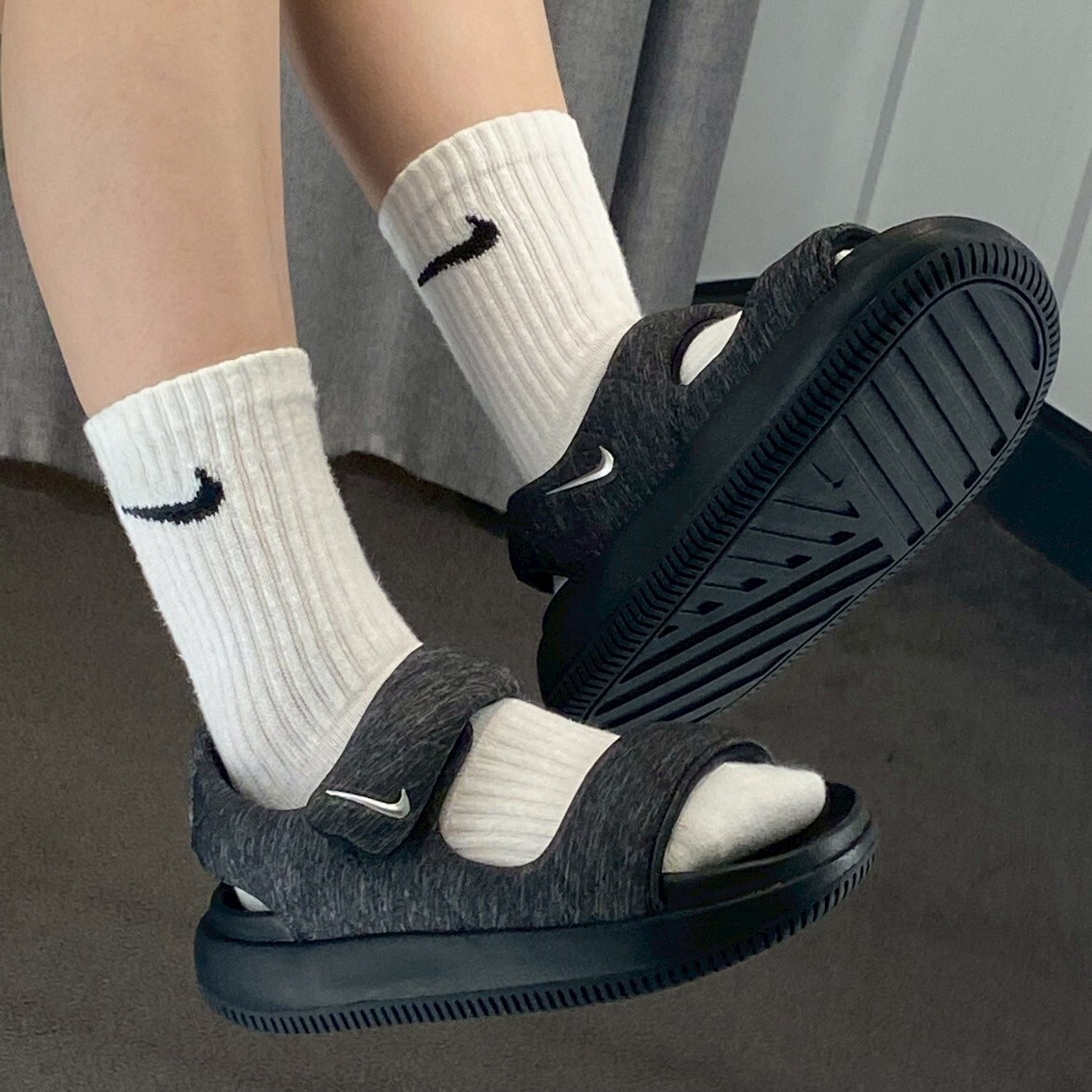 Nike Calm Sandal SE 灰黑 灰銀 寬帶 厚底 麵包 涼鞋 泡棉 魔鬼氈 拖鞋