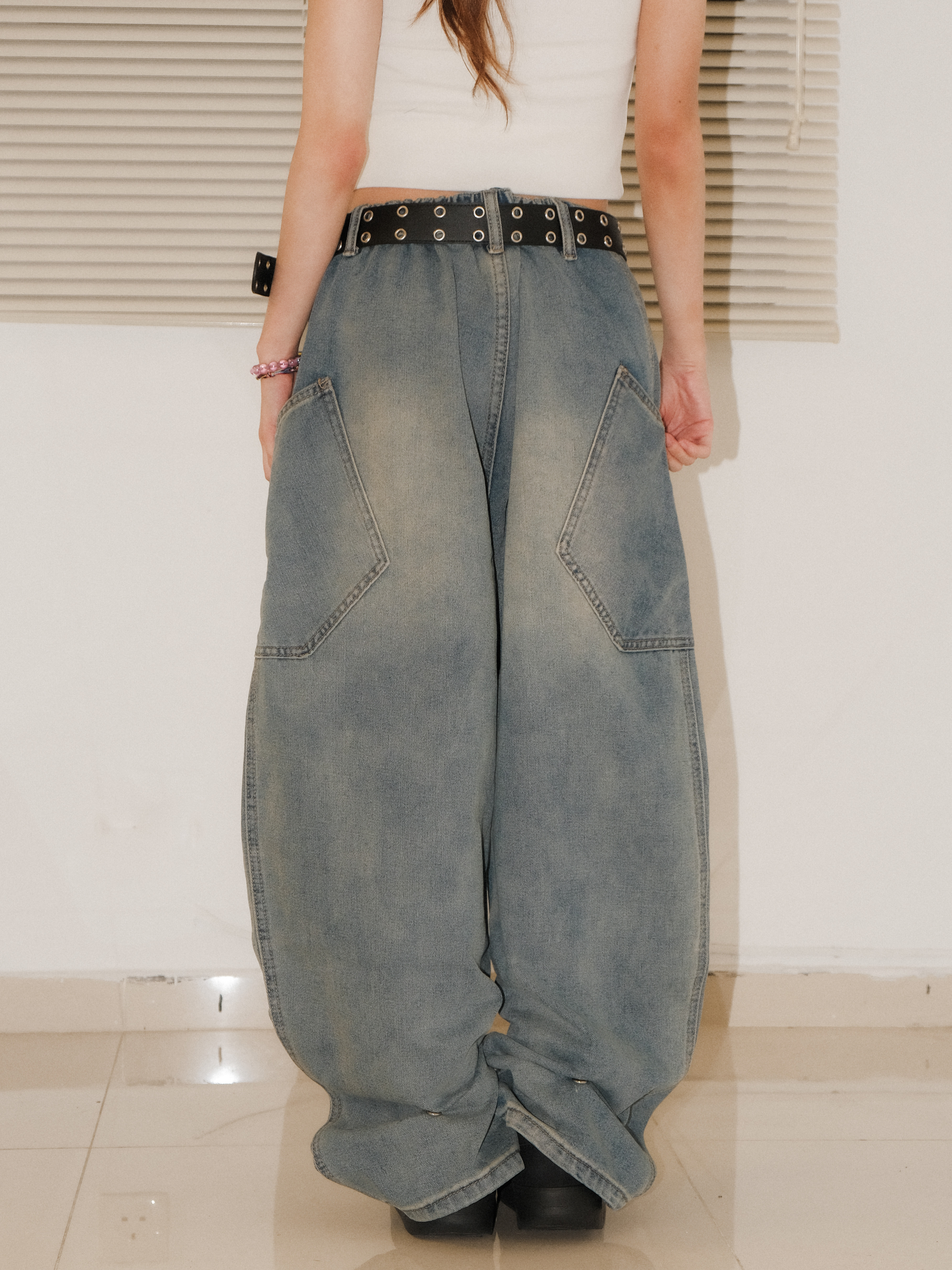 棉繩褲頭洗水牛仔彎刀褲