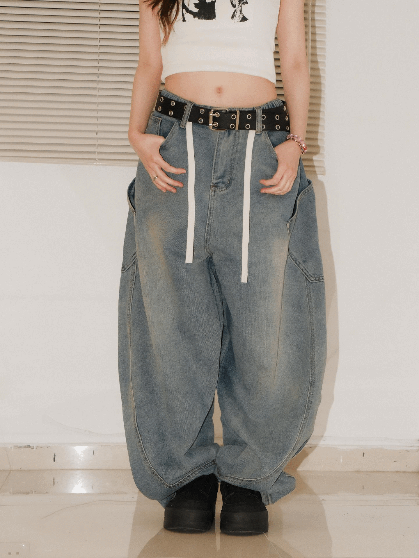 棉繩褲頭洗水牛仔彎刀褲