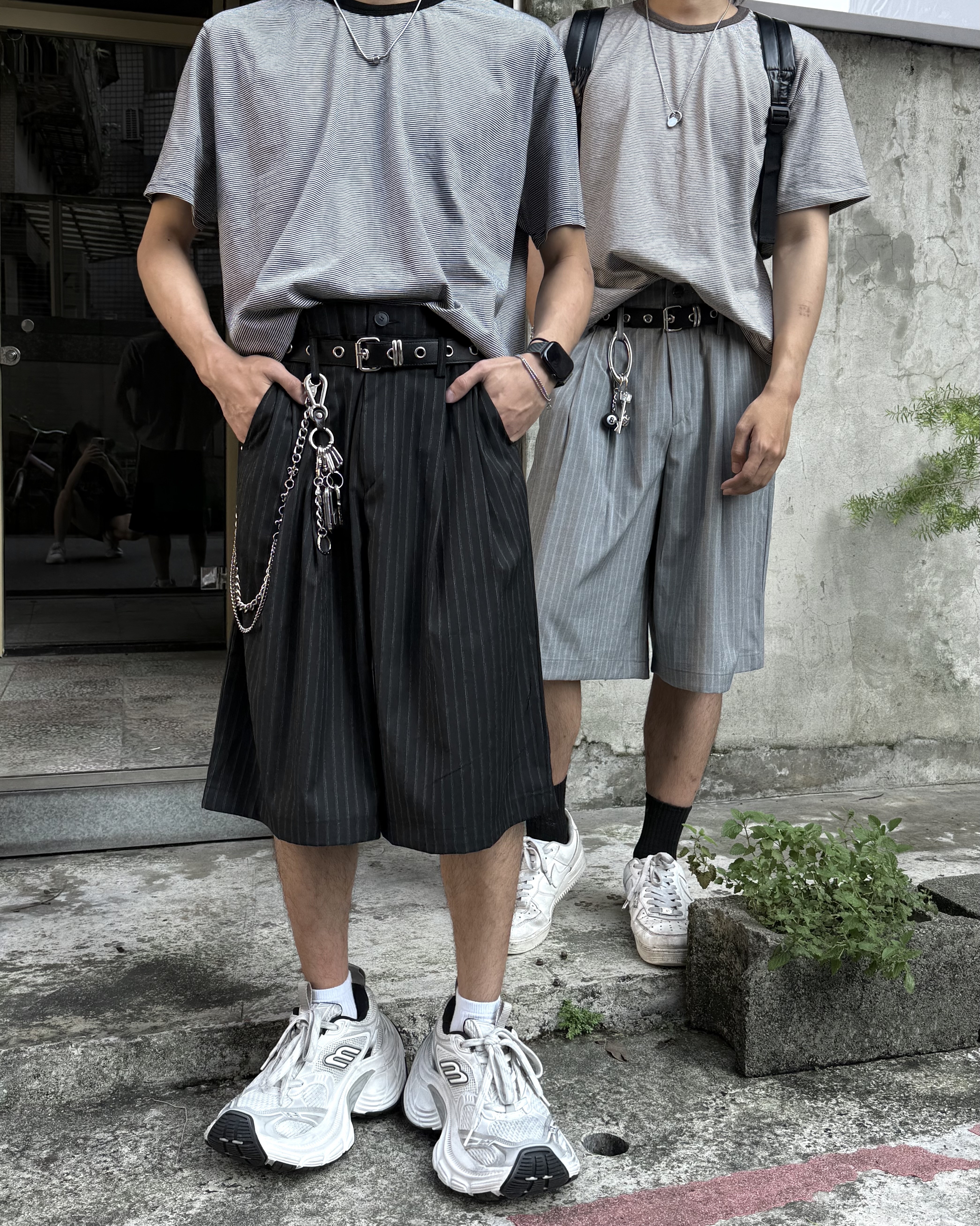 𝐇·𝐓·𝐒 韓國 百慕達 條紋設計 線條感 西裝 寬鬆 七分 腰帶 短褲（含腰帶）