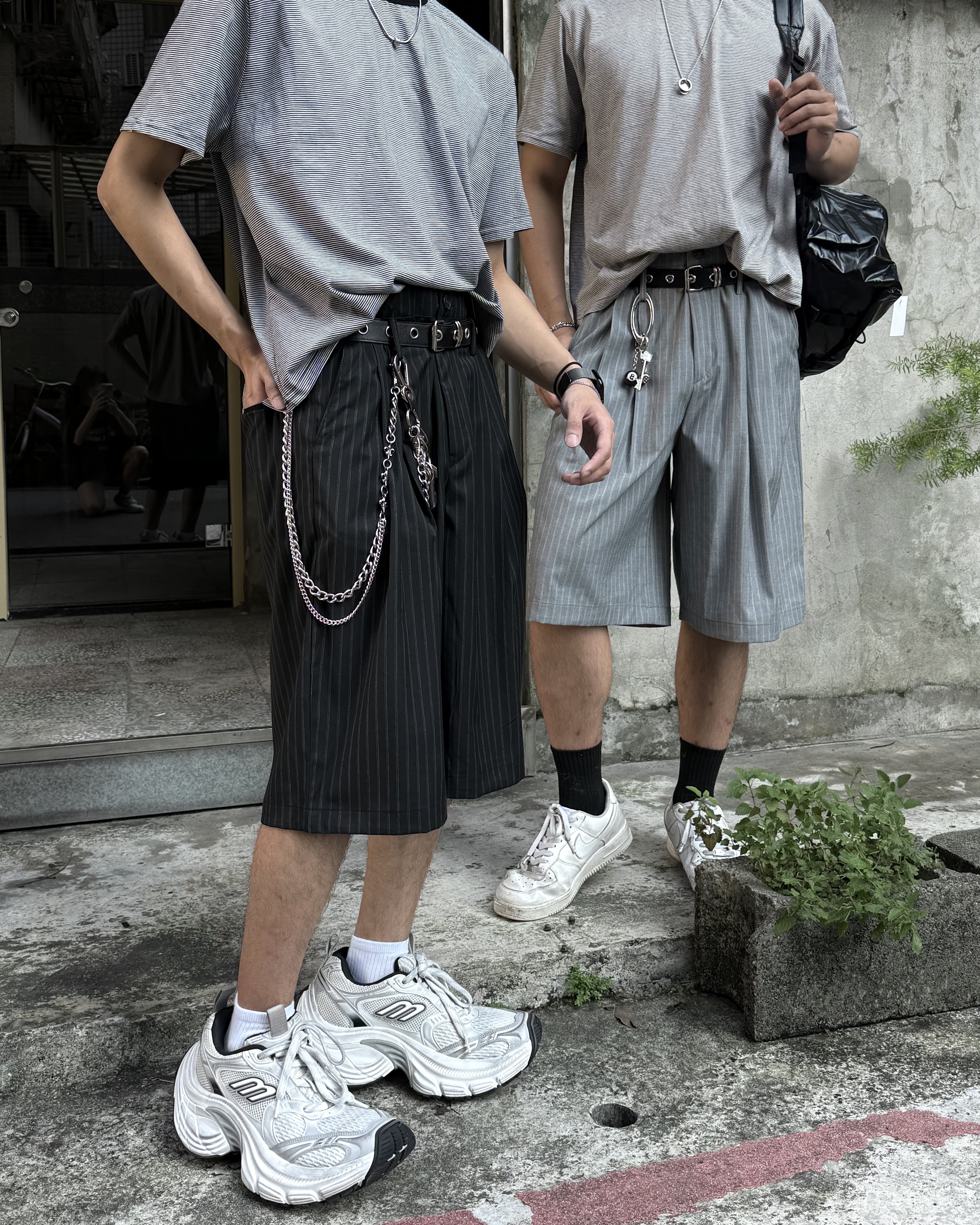 𝐇·𝐓·𝐒 韓國 百慕達 條紋設計 線條感 西裝 寬鬆 七分 腰帶 短褲（含腰帶）