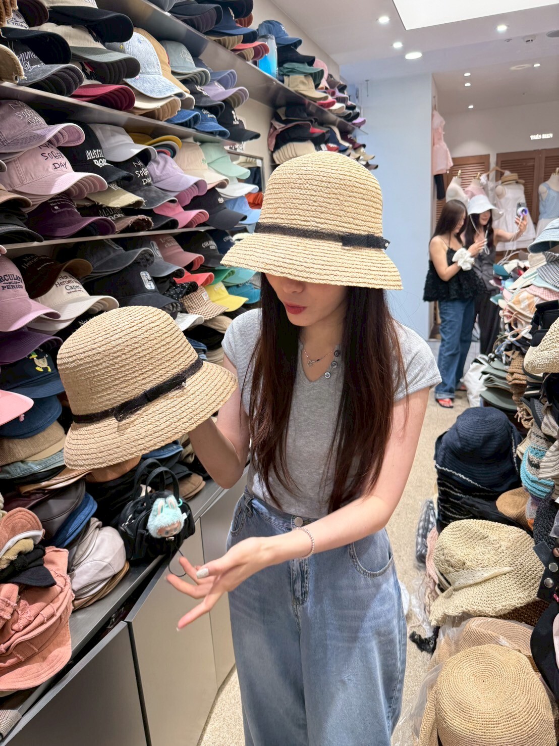 TH4491 蕾絲珍珠蝴蝶結籐編帽