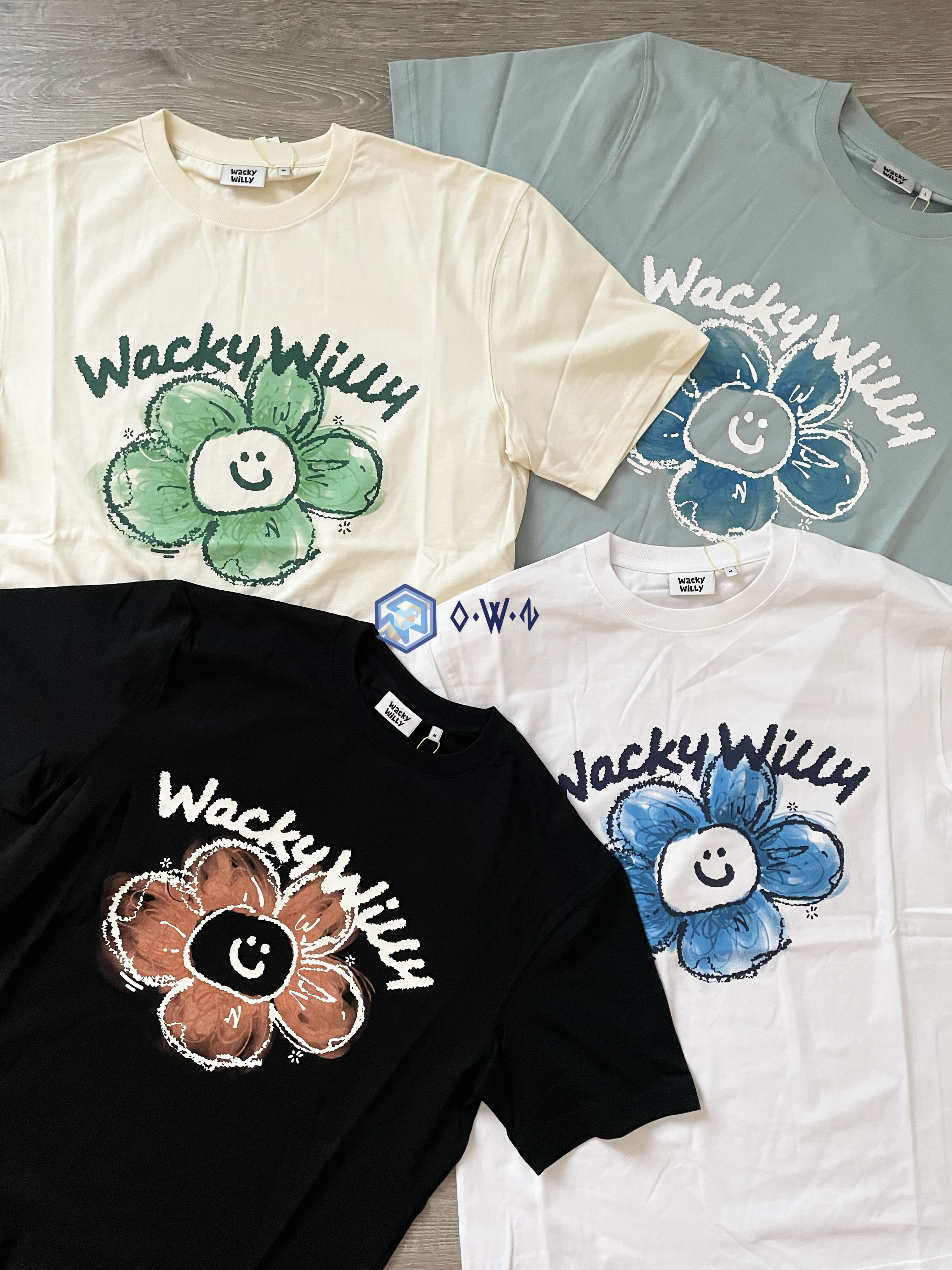 【OWN】Wacky Willy 短袖上衣 經典 花花 塗鴉 彩繪 不分男女 黑色 白色 米黃 湖水藍