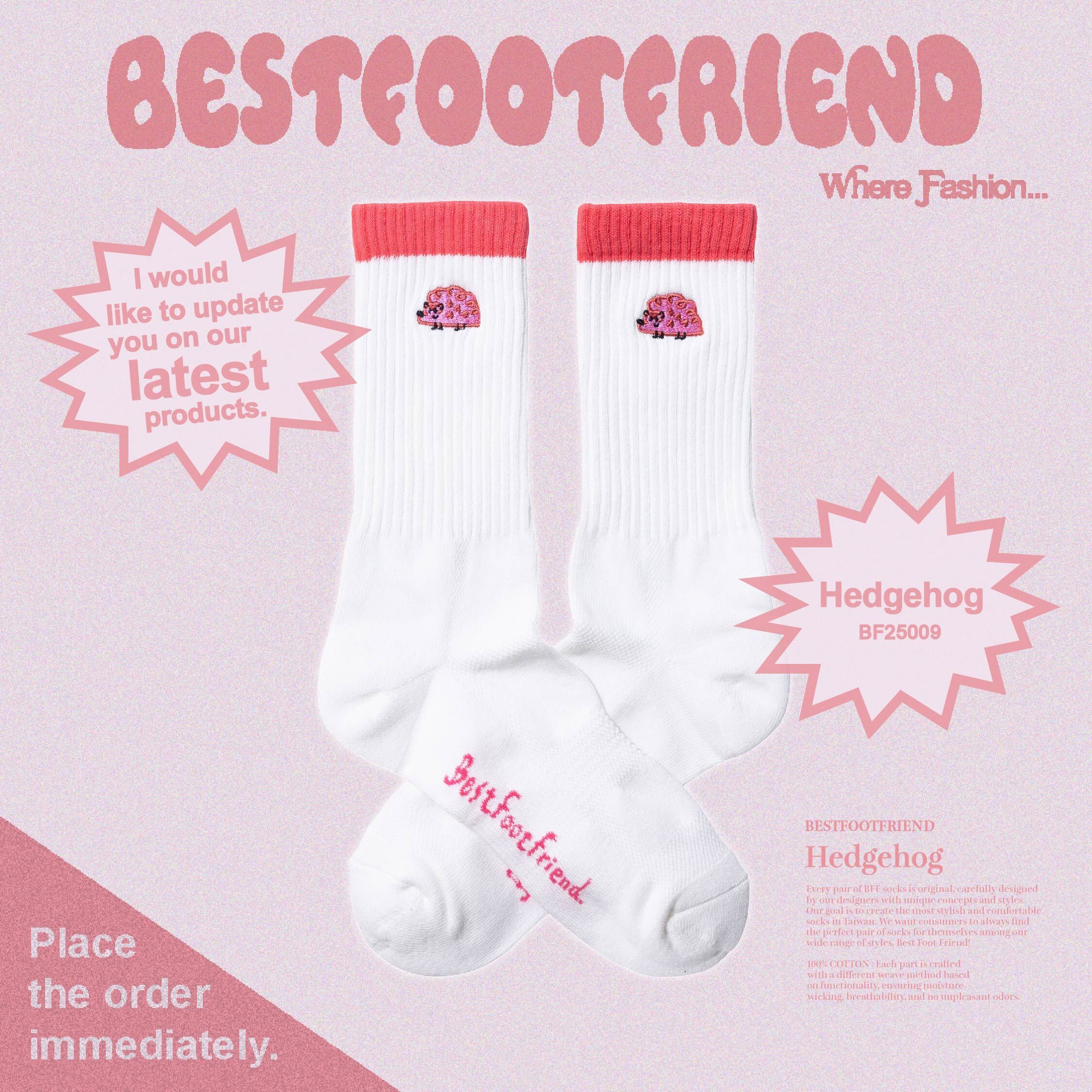 Best Foot Friend BFF Hedgehog 微笑 刺猬 刺繡 長襪 白