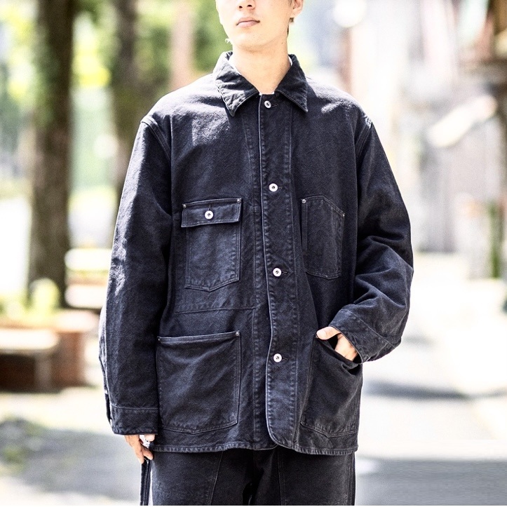 ON SALE: A.PRESSE 2025 S/S VINTAGE SILK HEMP COVERALL JACKET (25AAP-01-53) - BLACK SIZE 2 PRE ORDER ITEM (預訂中)
