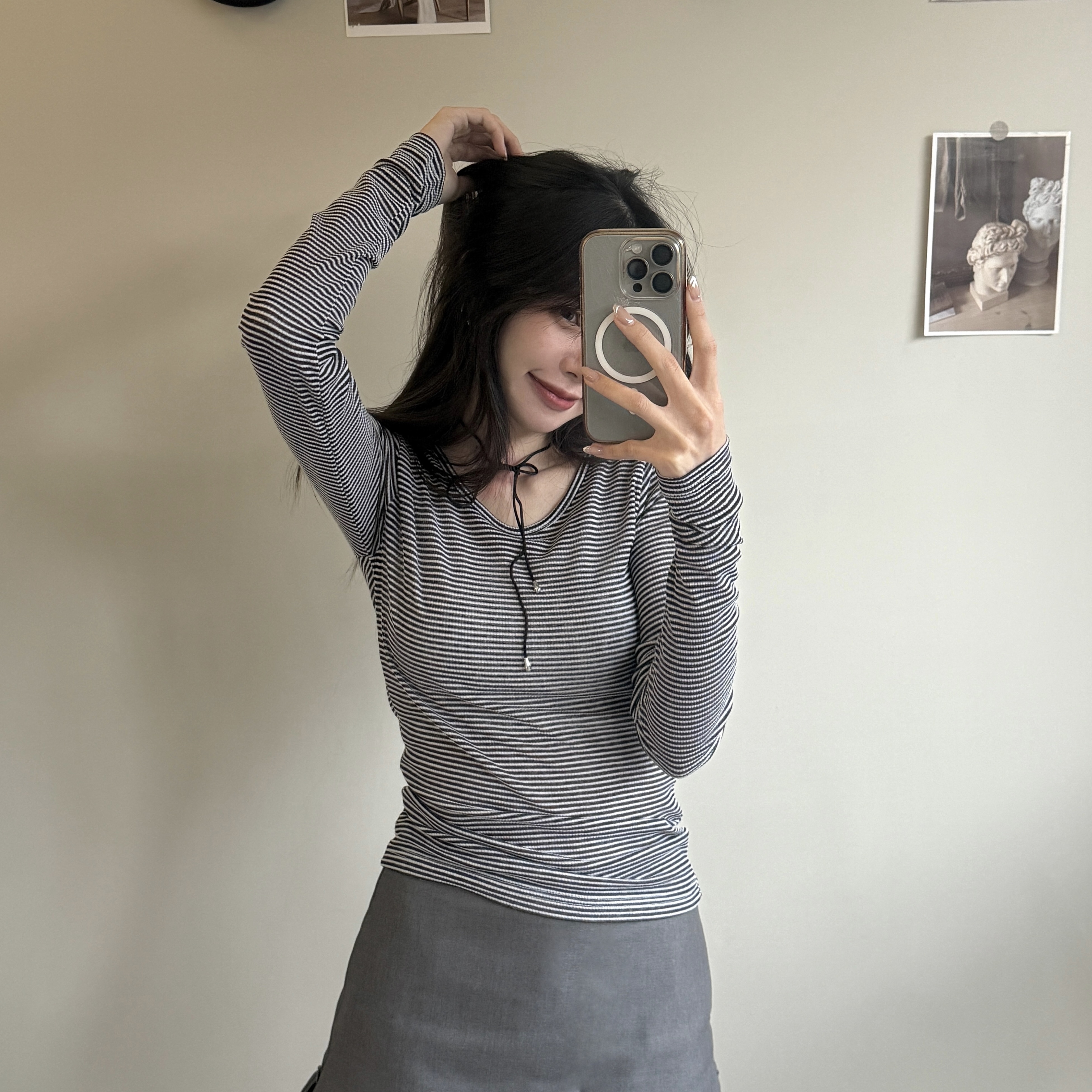 正韓！喃喃細語條紋貼身上衣