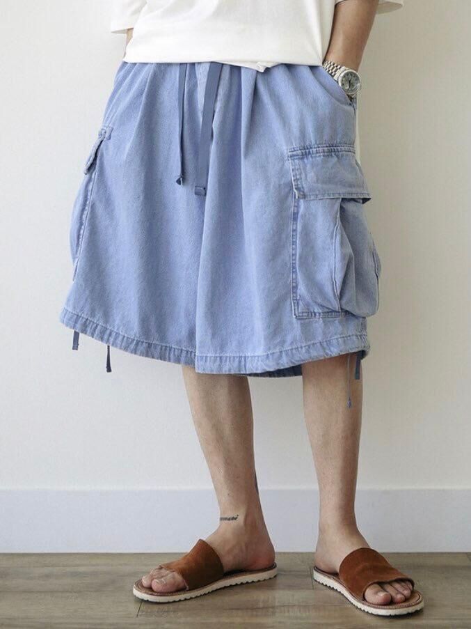 闊身牛仔工裝短褲P1038