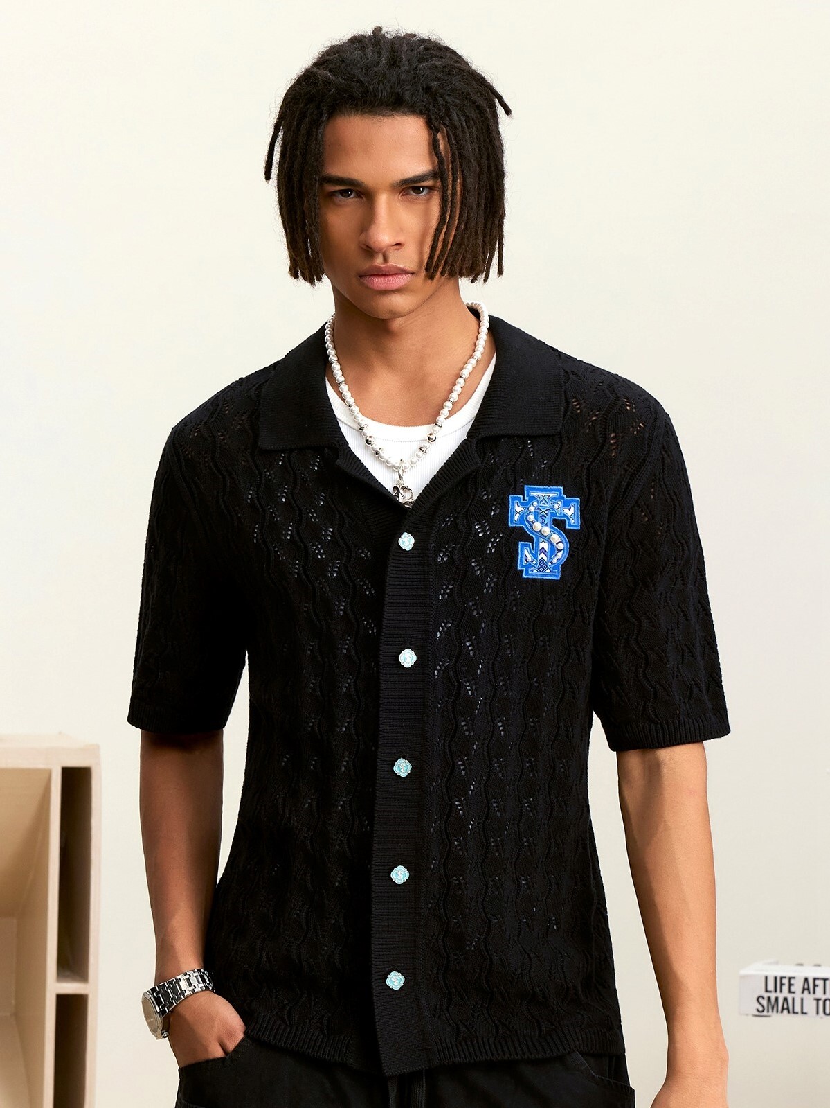 STK SmallTownKid 民族風貼布 摟空珍珠 短袖襯衫