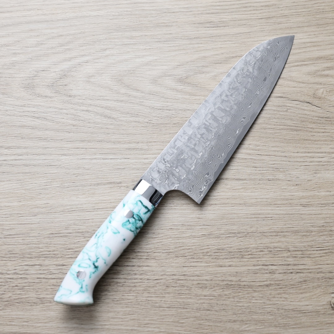 佐治武士 三德 180mm VG10鋼 十字鎚目 黑染大馬士革 壓克力柄