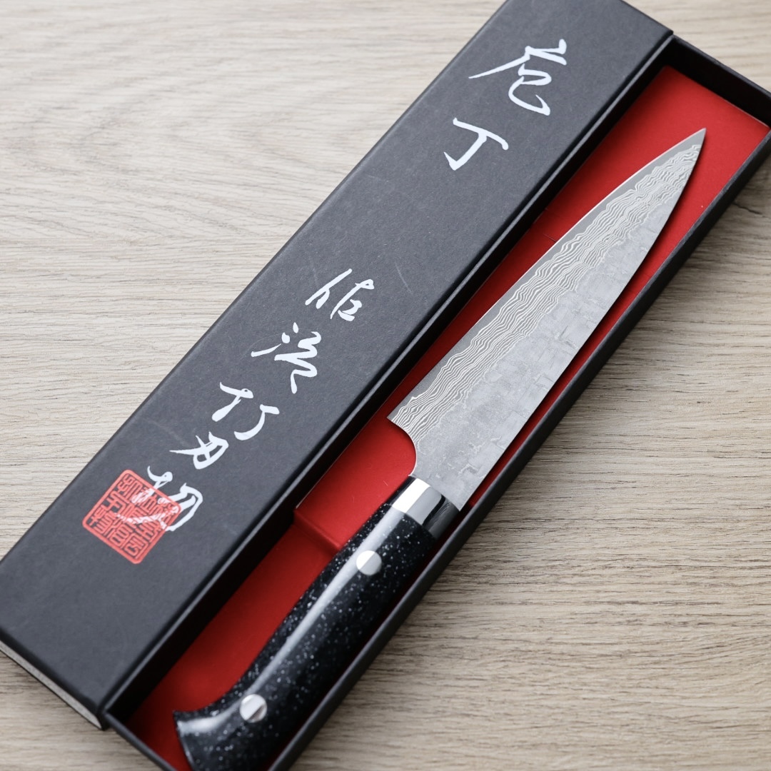 佐治武士 蔬果 150mm VG10鋼 十字鎚目 黑染大馬士革 壓克力柄