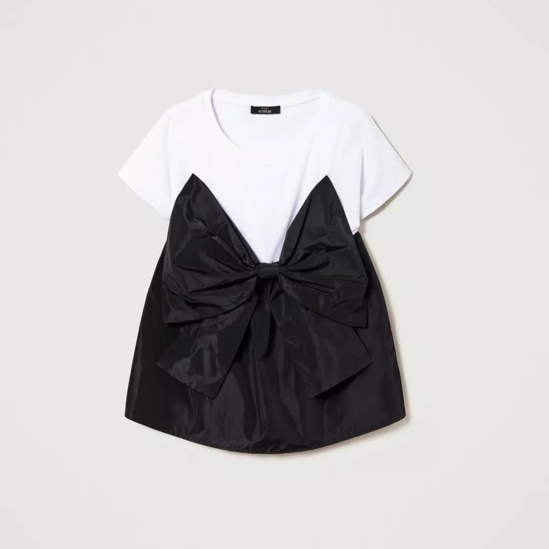 1TS0629-130 TWINSET T-Shirt with Taffeta Bow White/Black #241AP2120 (C-EU-E)