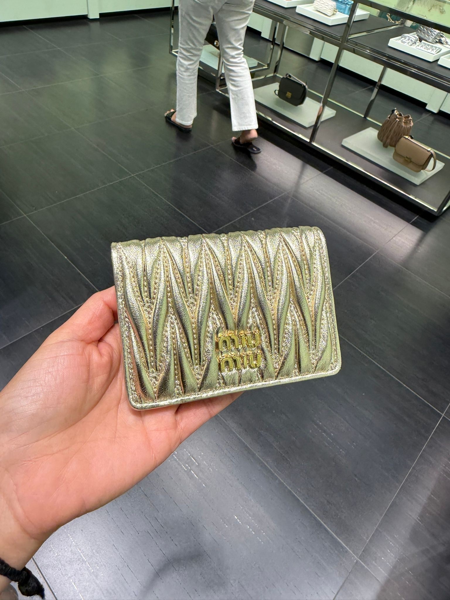 Miumiu Matelassé nappa leather card holder Metallic Green