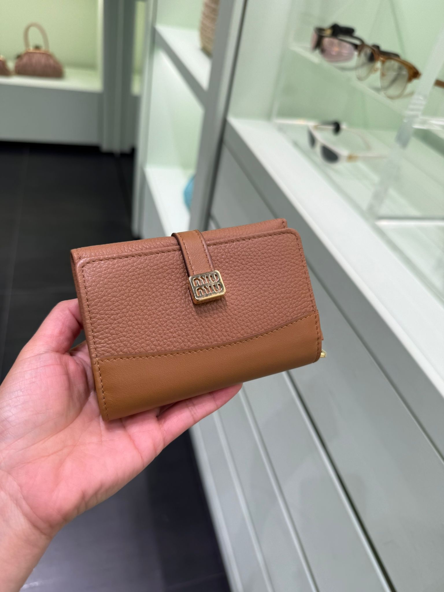 Miumiu Leather Strap Grainy Tri-Fold Wallet Camel 5MH034