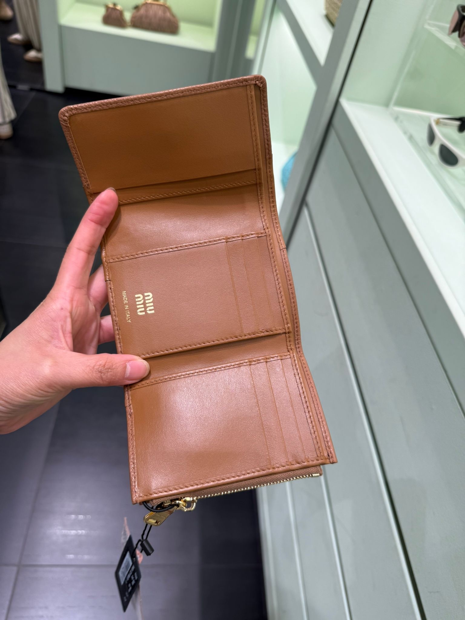 Miumiu Leather Strap Grainy Tri-Fold Wallet Camel 5MH034