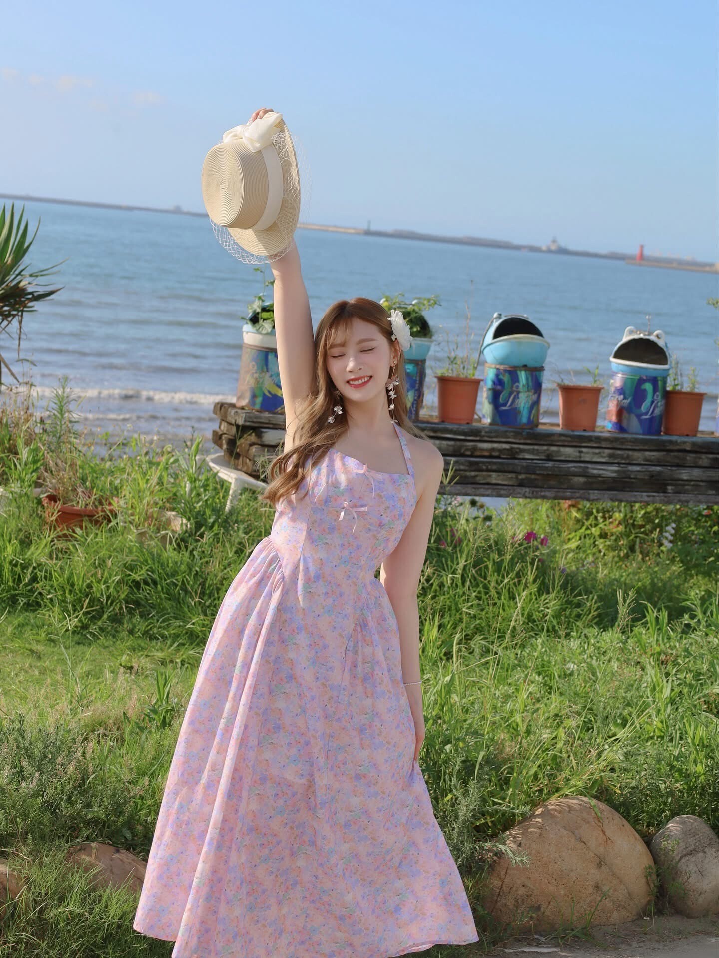 LINA LINA著迷甜氛花朵蝴蝶綁帶洋裝-甜粉紫M/L