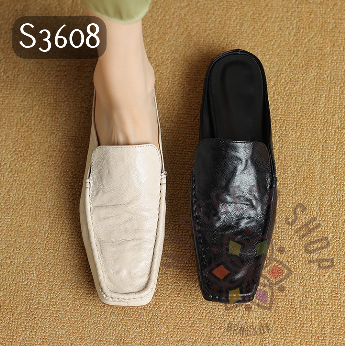 S3608 - 頭層軟羊皮做舊方頭低踭涼拖