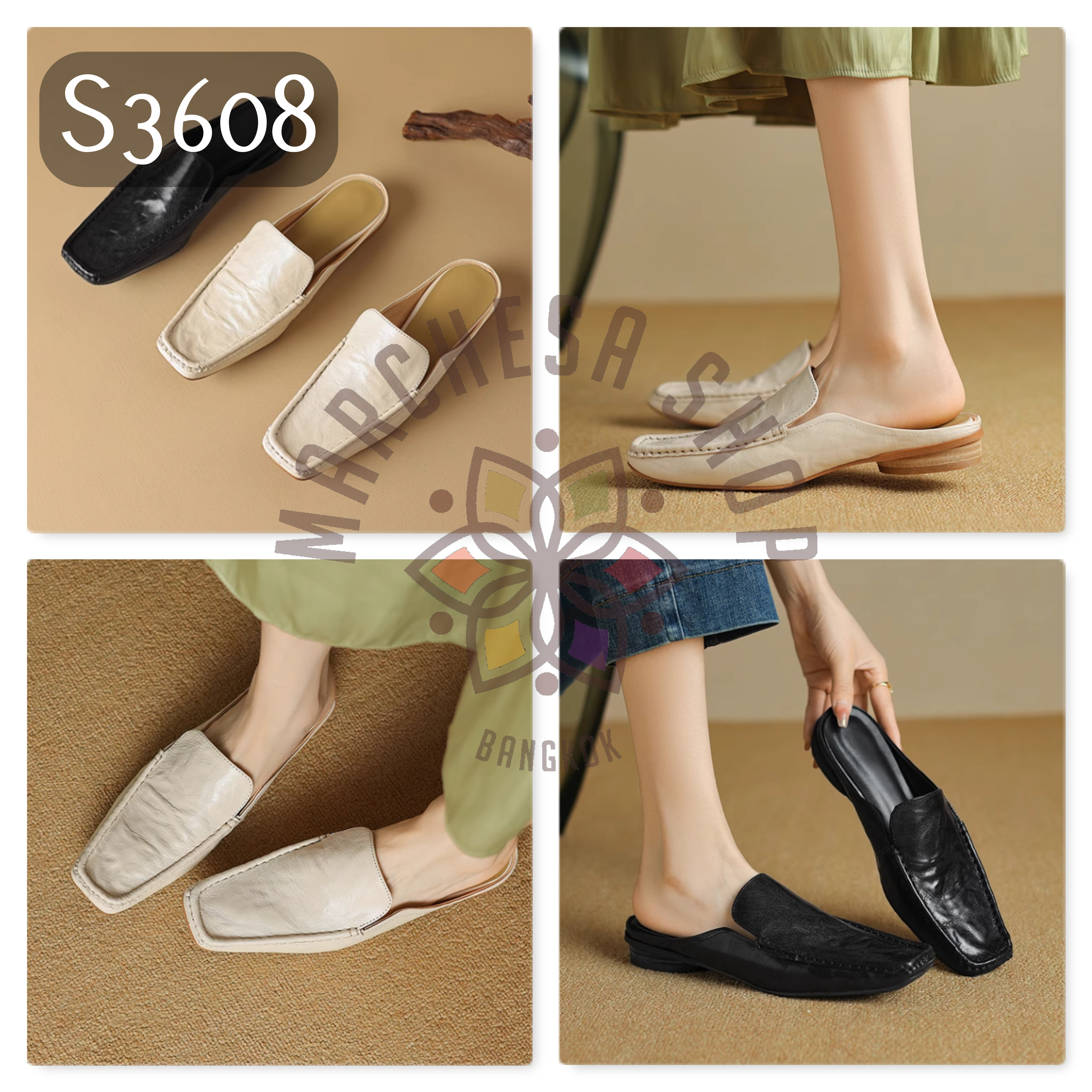 S3608 - 頭層軟羊皮做舊方頭低踭涼拖