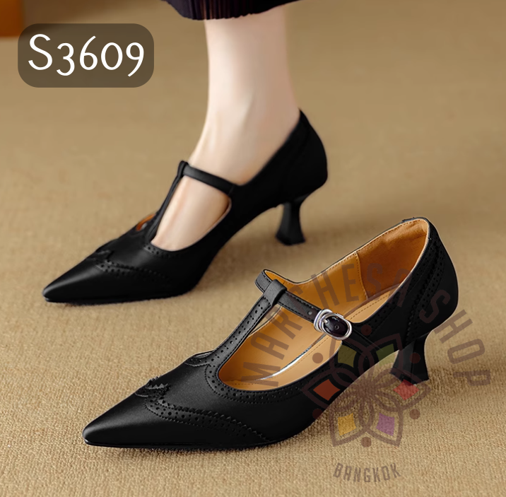 S3609 - 頭層軟羊皮英倫雕花T帶高踭鞋