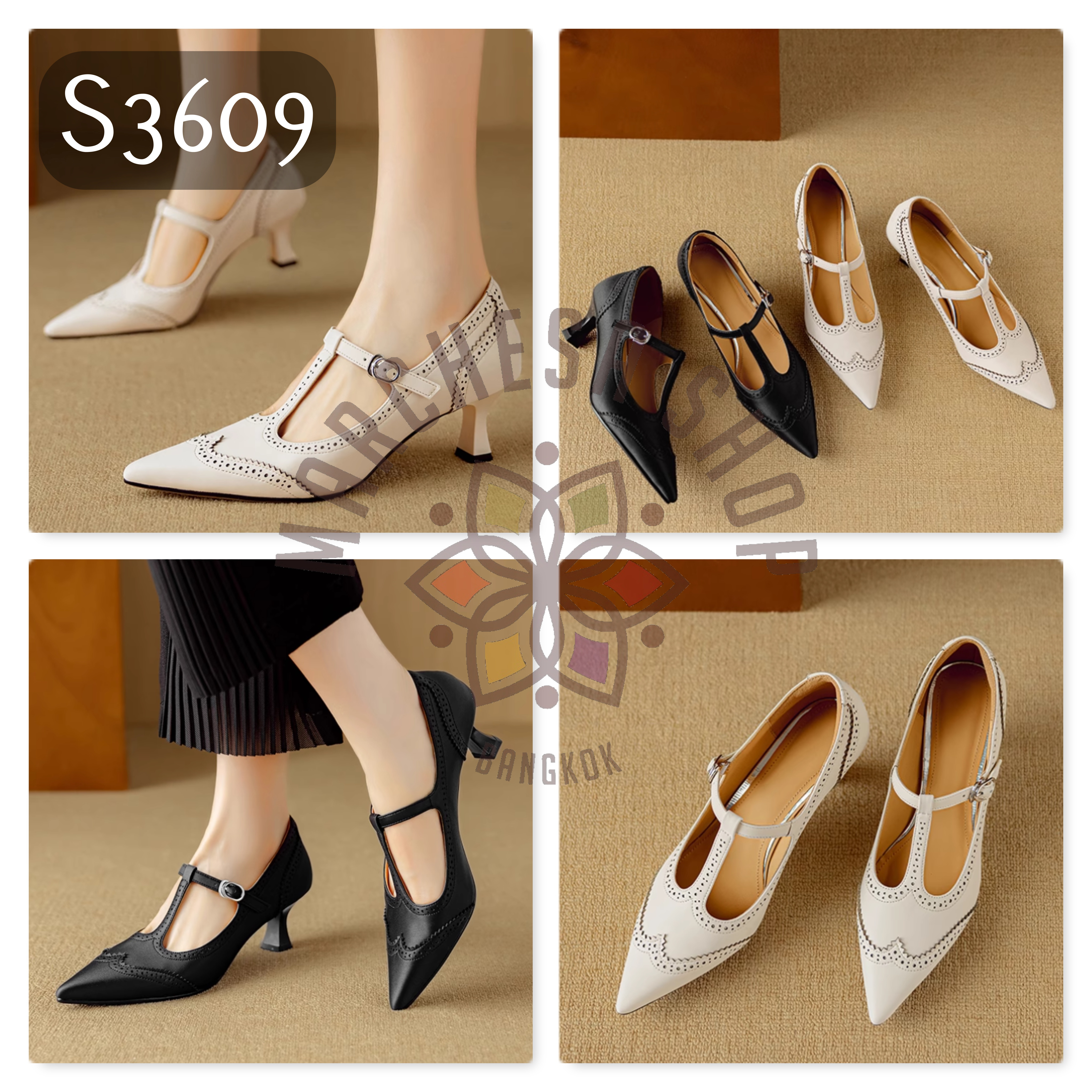 S3609 - 頭層軟羊皮英倫雕花T帶高踭鞋