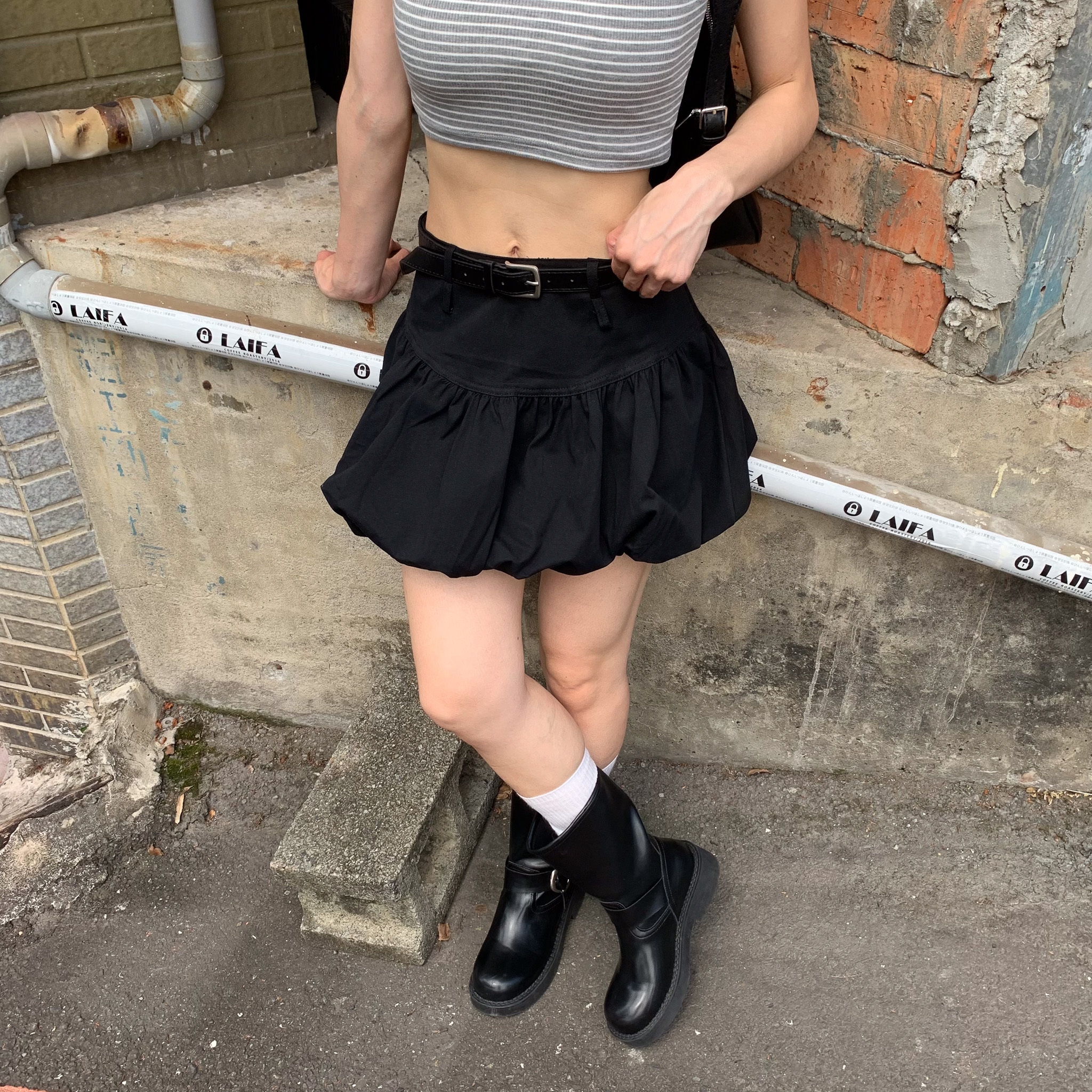 ISA_(附皮帶)牛仔反差萌 美式甜妹花苞褲裙_56019