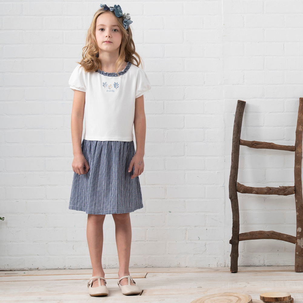 PIPPY純棉剪接格紋假兩件連身裙洋裝 藍