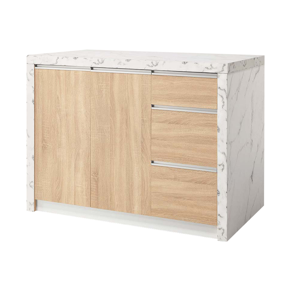 卡諾斯4尺中島型吧台桌+餐櫃/多功能收納餐桌櫃-白色仿石面+梧桐木紋