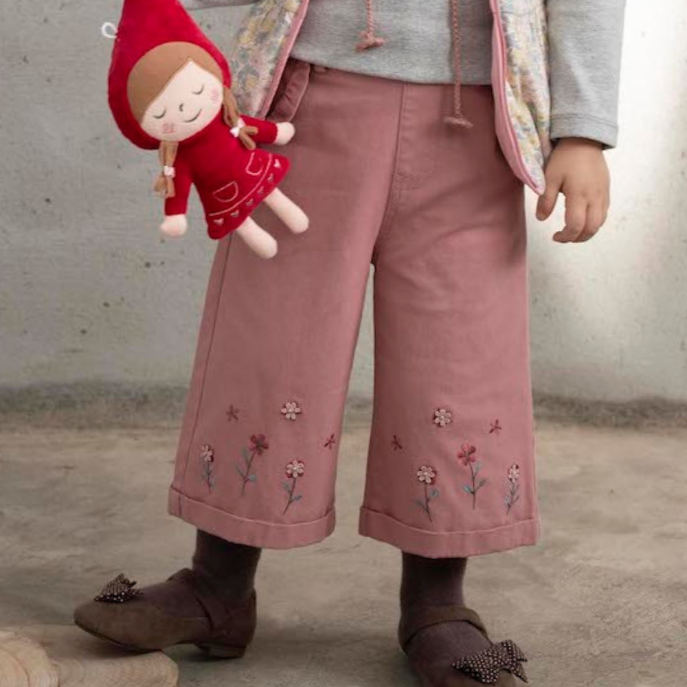 PIPPY 精緻田園小花刺繡寬口7分長褲 粉