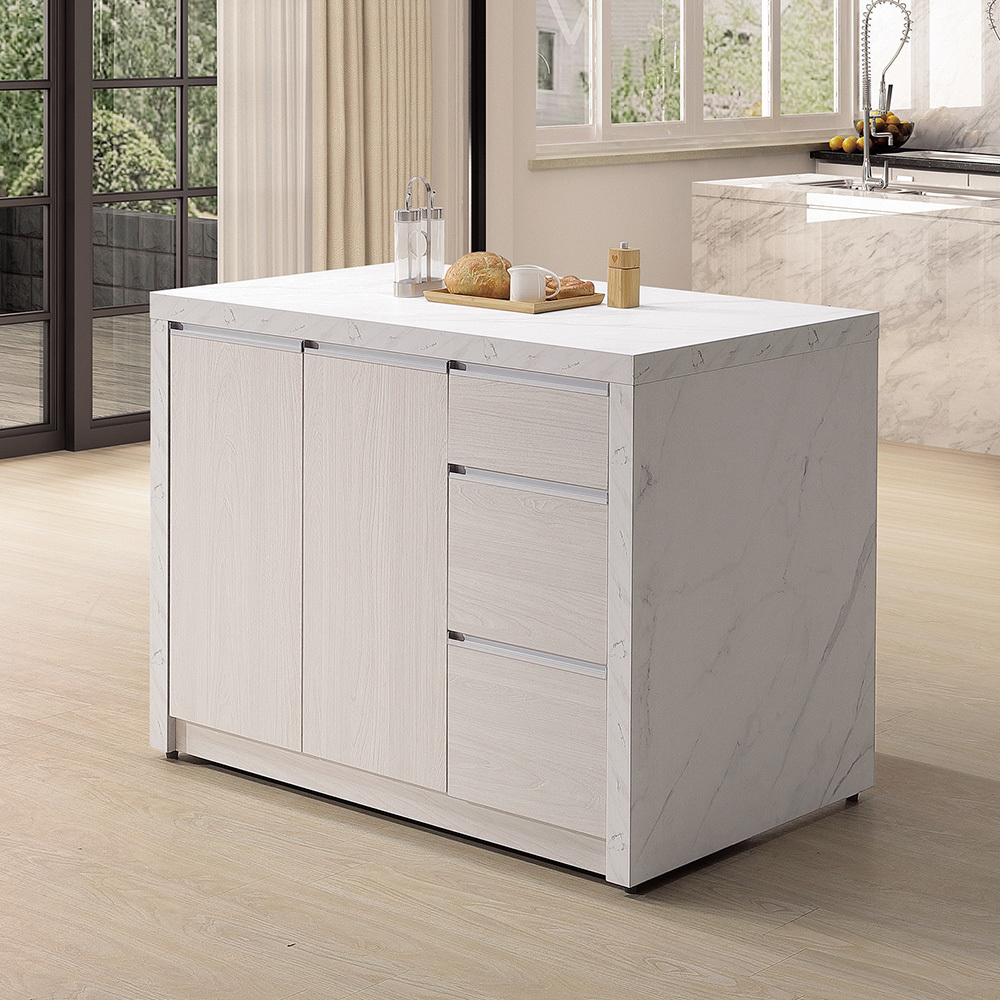 卡諾斯4尺中島型吧台桌+餐櫃/多功能收納餐桌櫃-白色仿石面+刷白木紋