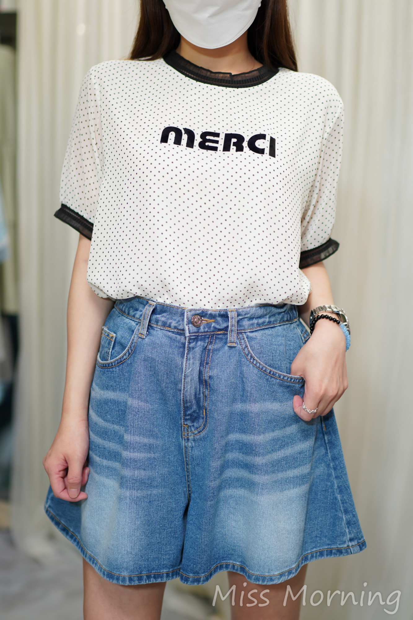 Lace邊有內里波點雪紡衫(14685)