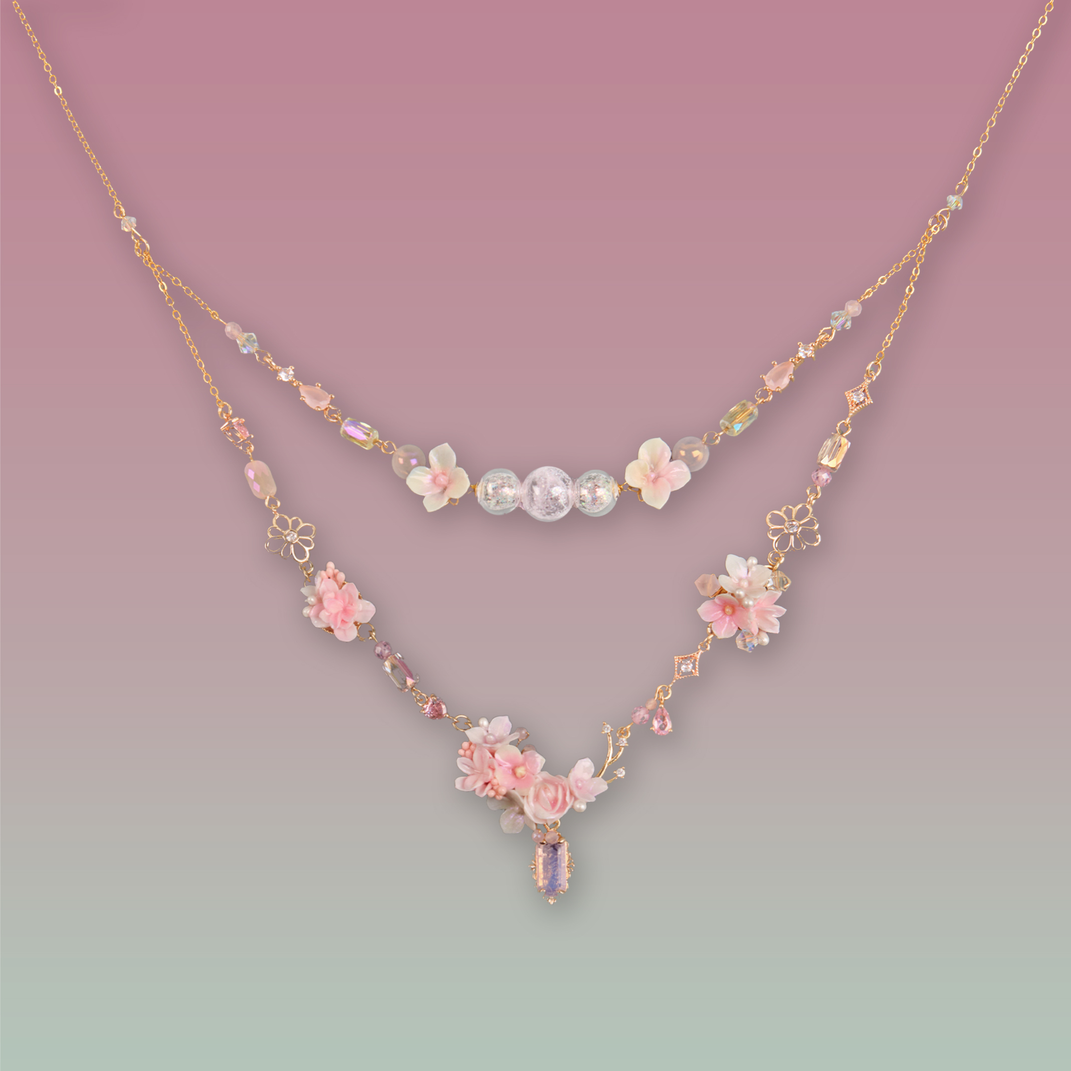 Hill of Floral Shadows Pink Hydrangea Double-layer S925 Necklace