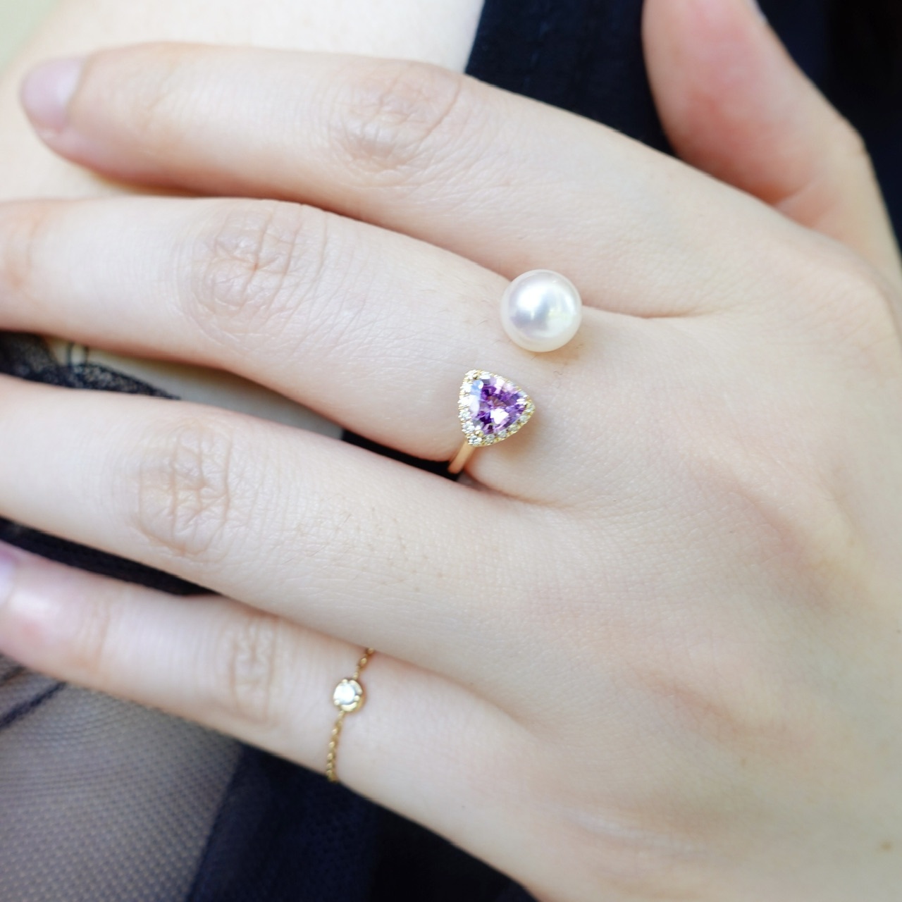 18K金鑲嵌天然紫藍寶石鑽石日本Akoya開口戒指