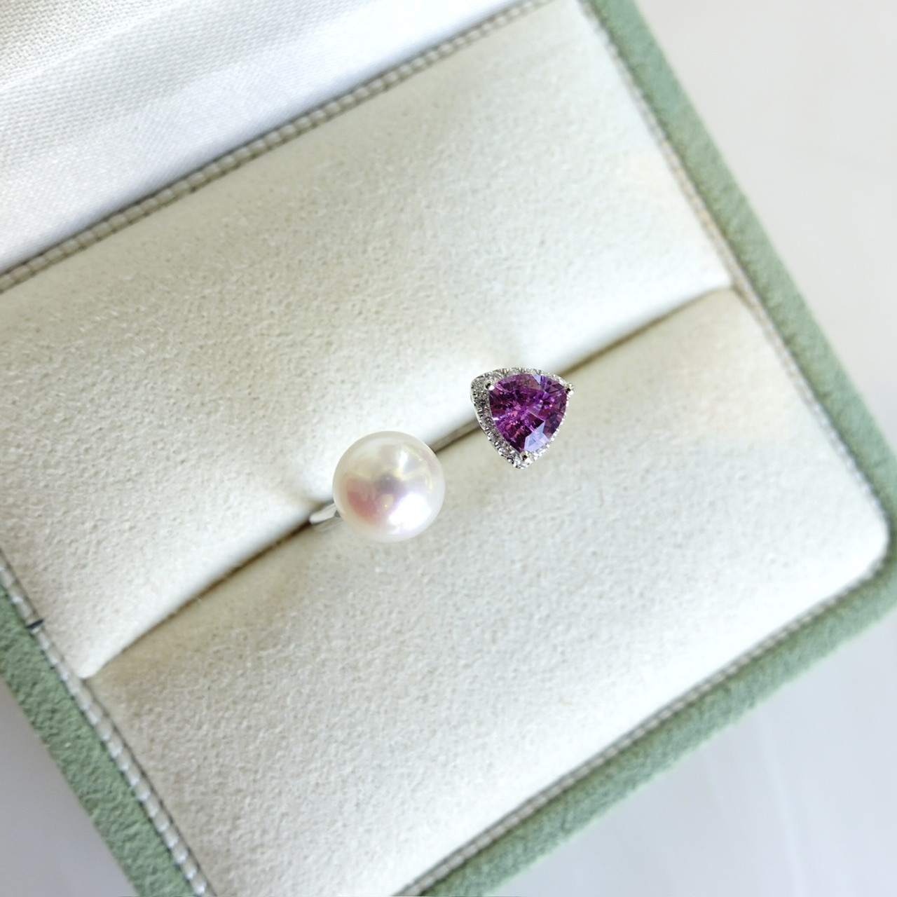 18K金鑲嵌天然紫藍寶石鑽石日本Akoya開口戒指