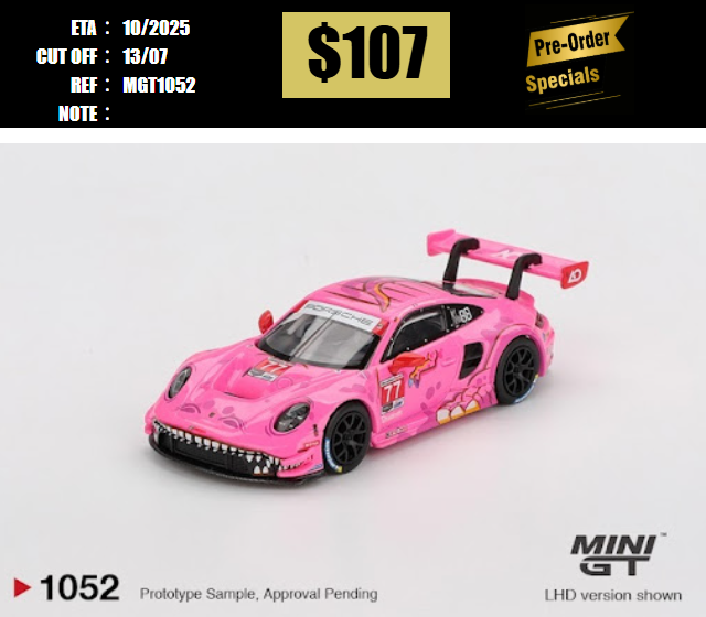 PO-$107 * MINI GT * 1:64 1052 Porsche 911 GT3 R #77 AO Racing 2024 IMSA ROAD AMERICA LHD [OD30/06]
