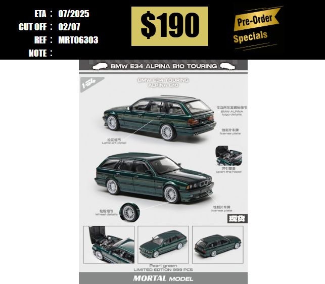PO-$190 * MORTAL * 1:64 BMW 5 SERIES E34 WAGON ALPINA B10 PEARL BLACK [OD30/06]