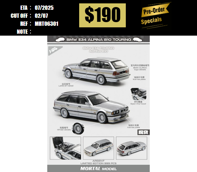 PO-$190 * MORTAL * 1:64 BMW 5 SERIES E34 WAGON ALPINA B10 SILVER [OD30/06]